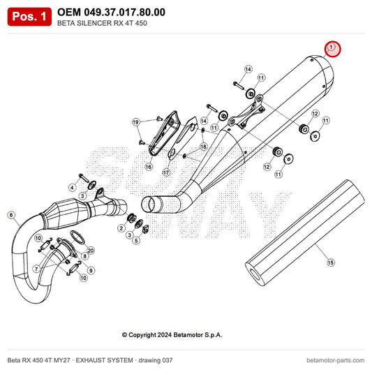 BETA SILENCER RX 4T 450 – OEM 049.37.017.80.00, position 1 on the Beta RX 450 4T MY27 exhaust system drawing