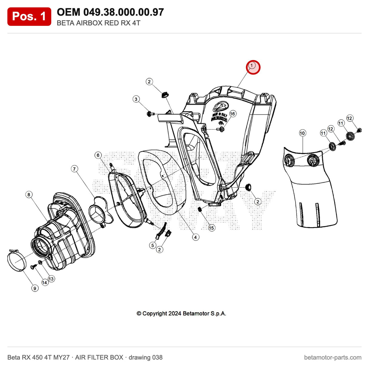 BETA AIRBOX RED RX 4T – OEM 049.38.000.00.97, position 1 on the Beta RX 450 4T MY27 air filter box drawing