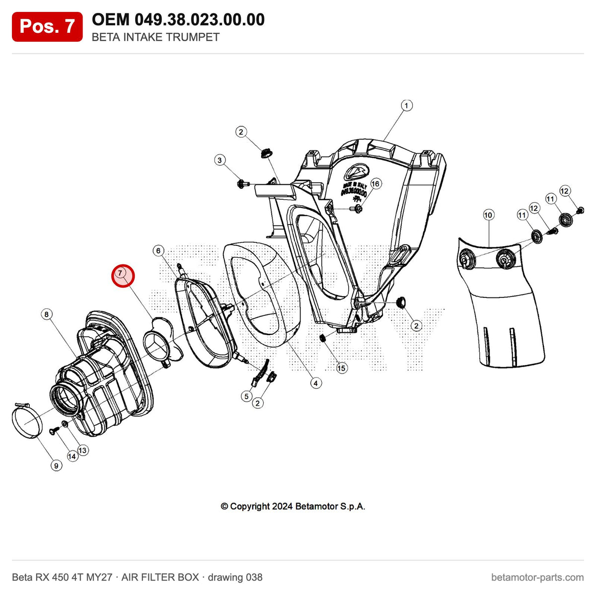 BETA INTAKE TRUMPET – OEM 049.38.023.00.00, position 7 on the Beta RX 450 4T MY27 air filter box drawing