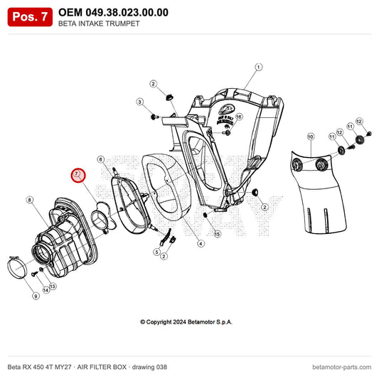 BETA INTAKE TRUMPET – OEM 049.38.023.00.00, position 7 on the Beta RX 450 4T MY27 air filter box drawing