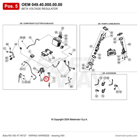 BETA VOLTAGE REGULATOR – OEM 049.40.000.00.00, position 5 on the Beta RX 450 4T MY27 wiring harness drawing
