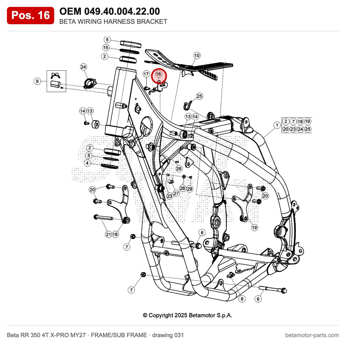 BETA WIRING HARNESS BRACKET – OEM 049.40.004.22.00, position 16 on the Beta RR 350 4T X-PRO MY27 frame/sub frame drawing