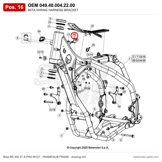 BETA WIRING HARNESS BRACKET – OEM 049.40.004.22.00, position 16 on the Beta RR 350 4T X-PRO MY27 frame/sub frame drawing