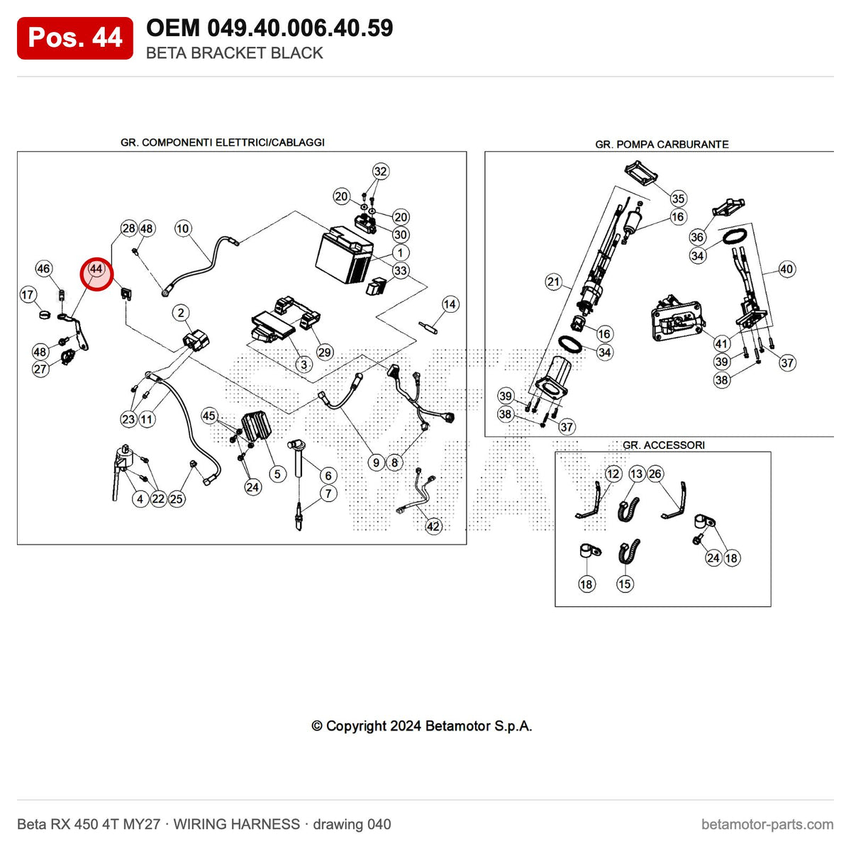BETA BRACKET BLACK – OEM 049.40.006.40.59, position 44 on the Beta RX 450 4T MY27 wiring harness drawing