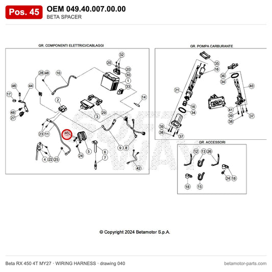 BETA SPACER – OEM 049.40.007.00.00, position 45 on the Beta RX 450 4T MY27 wiring harness drawing