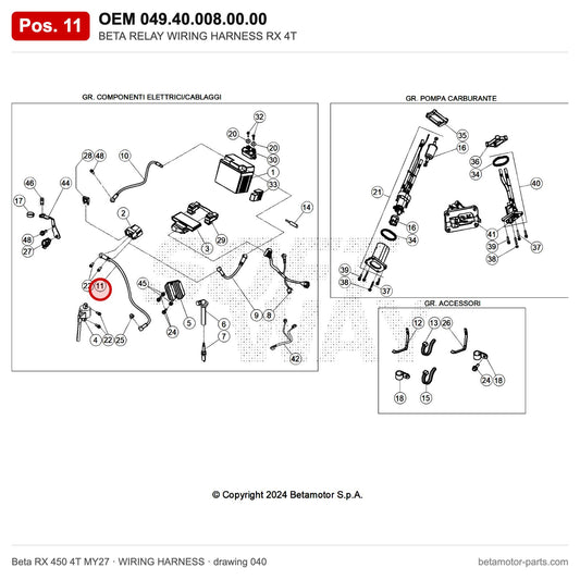 BETA RELAY WIRING HARNESS RX 4T – OEM 049.40.008.00.00, position 11 on the Beta RX 450 4T MY27 wiring harness drawing