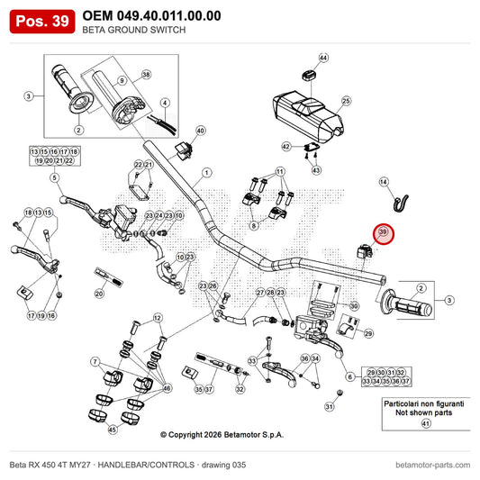 BETA GROUND SWITCH – OEM 049.40.011.00.00, position 39 on the Beta RX 450 4T MY27 handlebar/controls drawing