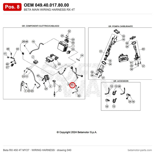 BETA MAIN WIRING HARNESS RX 4T – OEM 049.40.017.80.00, position 8 on the Beta RX 450 4T MY27 wiring harness drawing