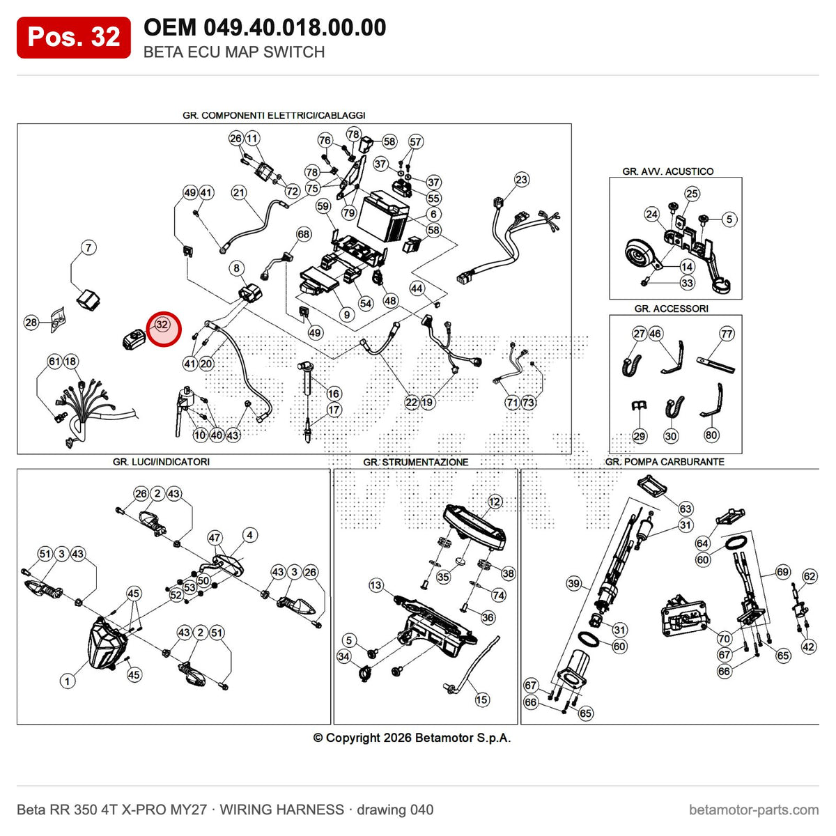 BETA ECU MAP SWITCH – OEM 049.40.018.00.00, position 32 on the Beta RR 350 4T X-PRO MY27 wiring harness drawing