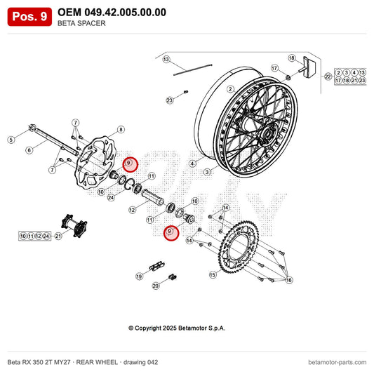 BETA SPACER – OEM 049.42.005.00.00, position 9 on the Beta RX 350 2T MY27 rear wheel drawing