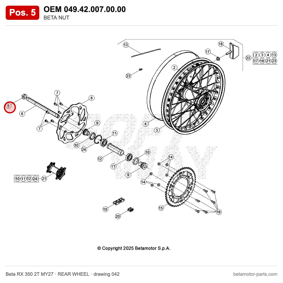 BETA NUT – OEM 049.42.007.00.00, position 5 on the Beta RX 350 2T MY27 rear wheel drawing