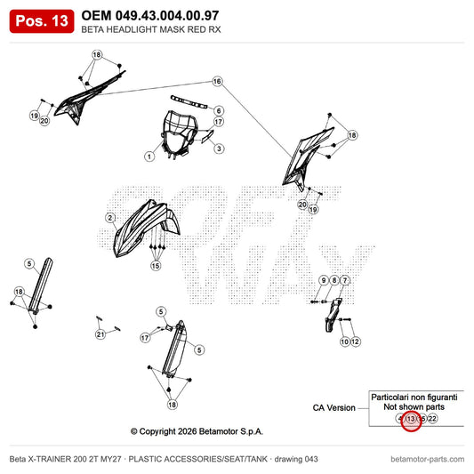BETA HEADLIGHT MASK RED RX – OEM 049.43.004.00.97, position 13 on the Beta X-TRAINER 200 2T MY27 plastic accessories/seat/tank drawing