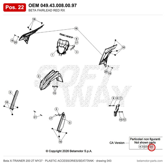 BETA FAIRLEAD RED RX – OEM 049.43.008.00.97, position 22 on the Beta X-TRAINER 200 2T MY27 plastic accessories/seat/tank drawing