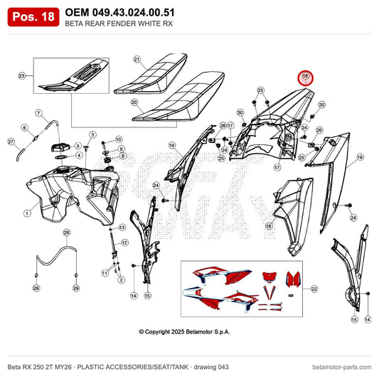 BETA REAR FENDER WHITE RX – OEM 049.43.024.00.51, position 18 on the Beta RX 250 2T MY26 plastic accessories/seat/tank drawing