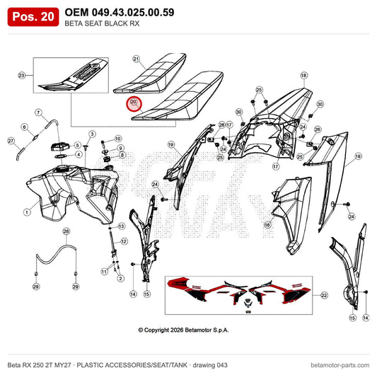 BETA SEAT BLACK RX – OEM 049.43.025.00.59, position 20 on the Beta RX 250 2T MY27 plastic accessories/seat/tank drawing