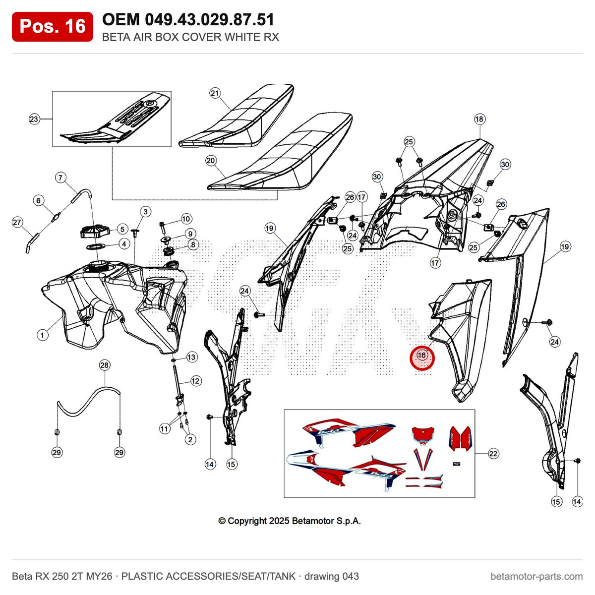 BETA AIR BOX COVER WHITE RX – OEM 049.43.029.87.51, position 16 on the Beta RX 250 2T MY26 plastic accessories/seat/tank drawing