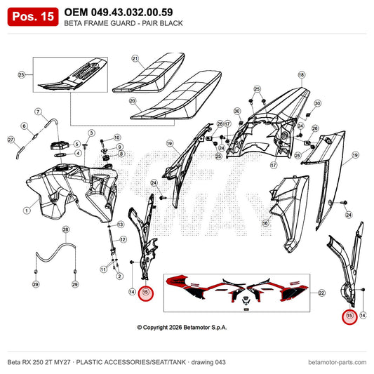 BETA FRAME GUARD - PAIR BLACK – OEM 049.43.032.00.59, position 15 on the Beta RX 250 2T MY27 plastic accessories/seat/tank drawing