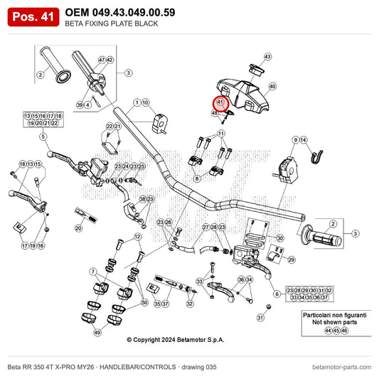 BETA FIXING PLATE BLACK 4T – OEM 049.43.049.00.59, position 41 on the Beta RR 350 4T X-PRO MY26 handlebar/controls drawing
