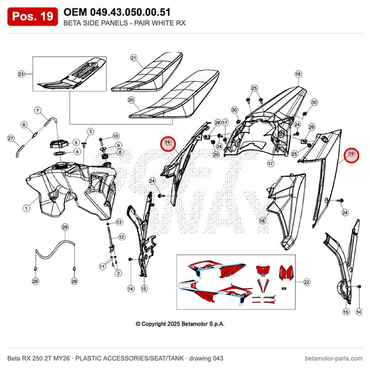 BETA SIDE PANELS - PAIR WHITE RX – OEM 049.43.050.00.51, position 19 on the Beta RX 250 2T MY26 plastic accessories/seat/tank drawing