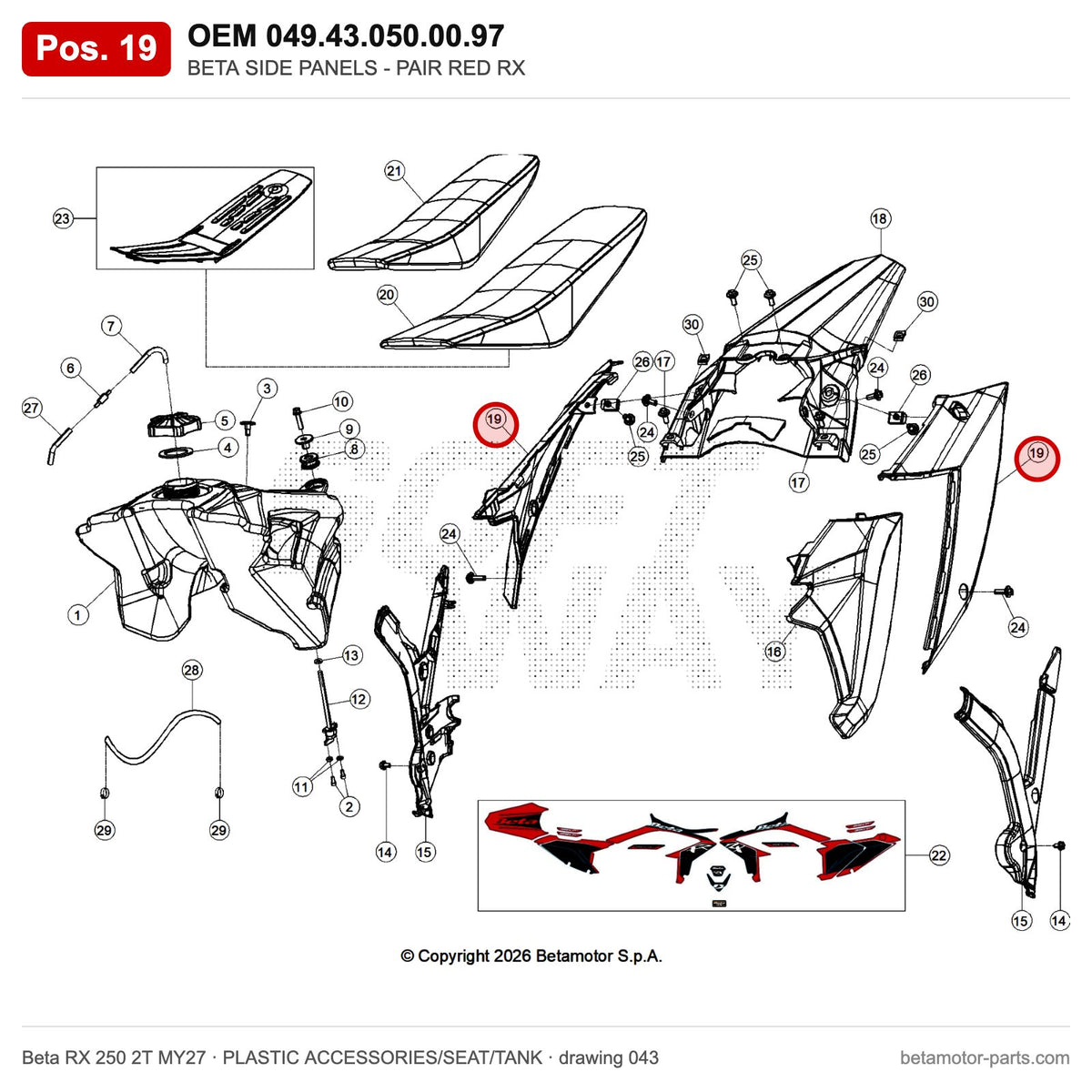 BETA SIDE PANELS - PAIR RED RX – OEM 049.43.050.00.97, position 19 on the Beta RX 250 2T MY27 plastic accessories/seat/tank drawing