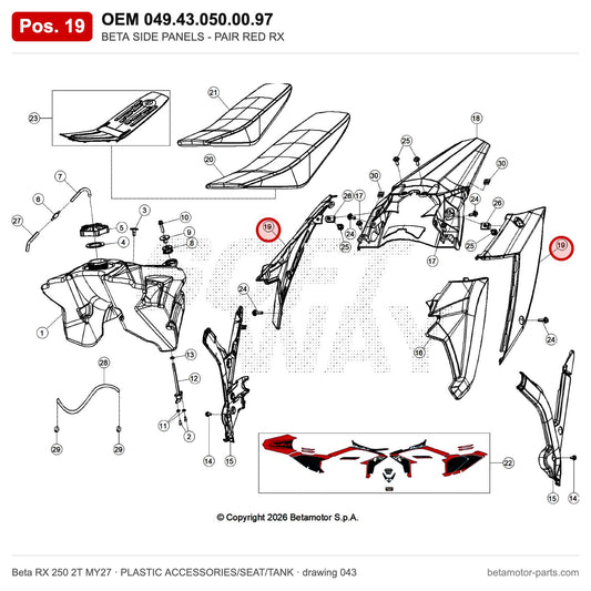 BETA SIDE PANELS - PAIR RED RX – OEM 049.43.050.00.97, position 19 on the Beta RX 250 2T MY27 plastic accessories/seat/tank drawing