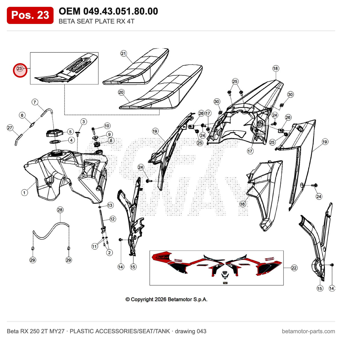 BETA SEAT PLATE RX 4T – OEM 049.43.051.80.00, position 23 on the Beta RX 250 2T MY27 plastic accessories/seat/tank drawing