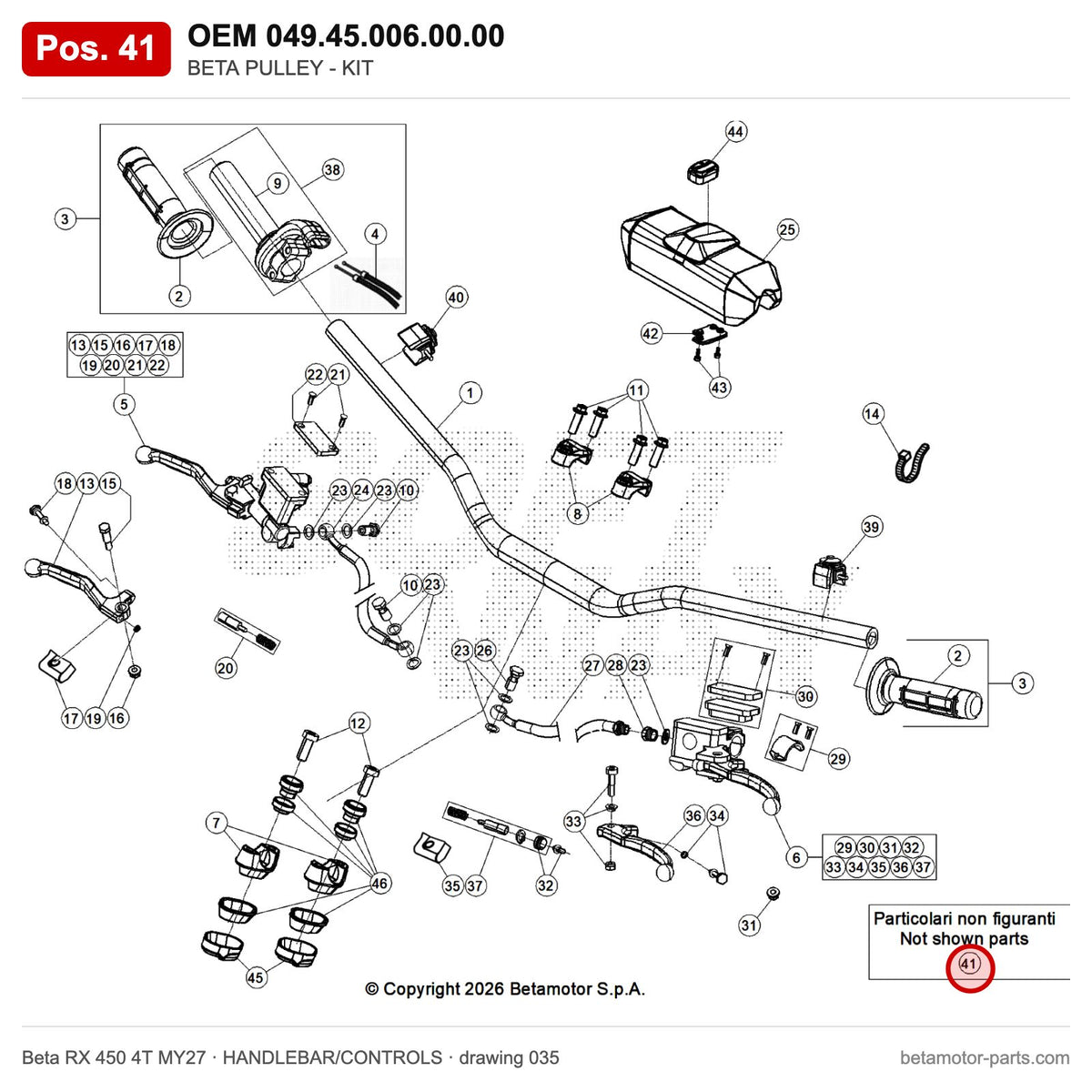BETA PULLEY - KIT – OEM 049.45.006.00.00, position 41 on the Beta RX 450 4T MY27 handlebar/controls drawing