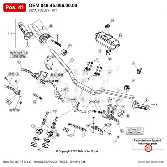 BETA PULLEY - KIT – OEM 049.45.006.00.00, position 41 on the Beta RX 450 4T MY27 handlebar/controls drawing