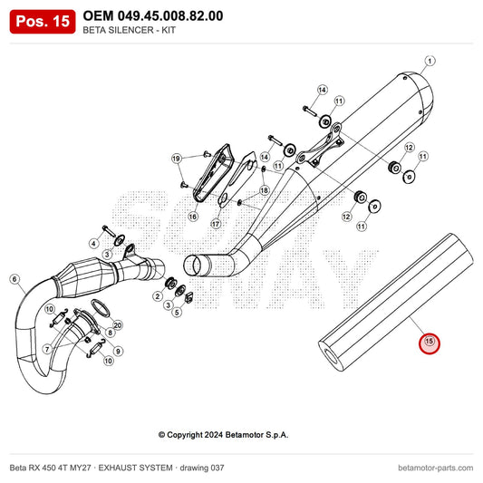 BETA SILENCER - KIT – OEM 049.45.008.82.00, position 15 on the Beta RX 450 4T MY27 exhaust system drawing