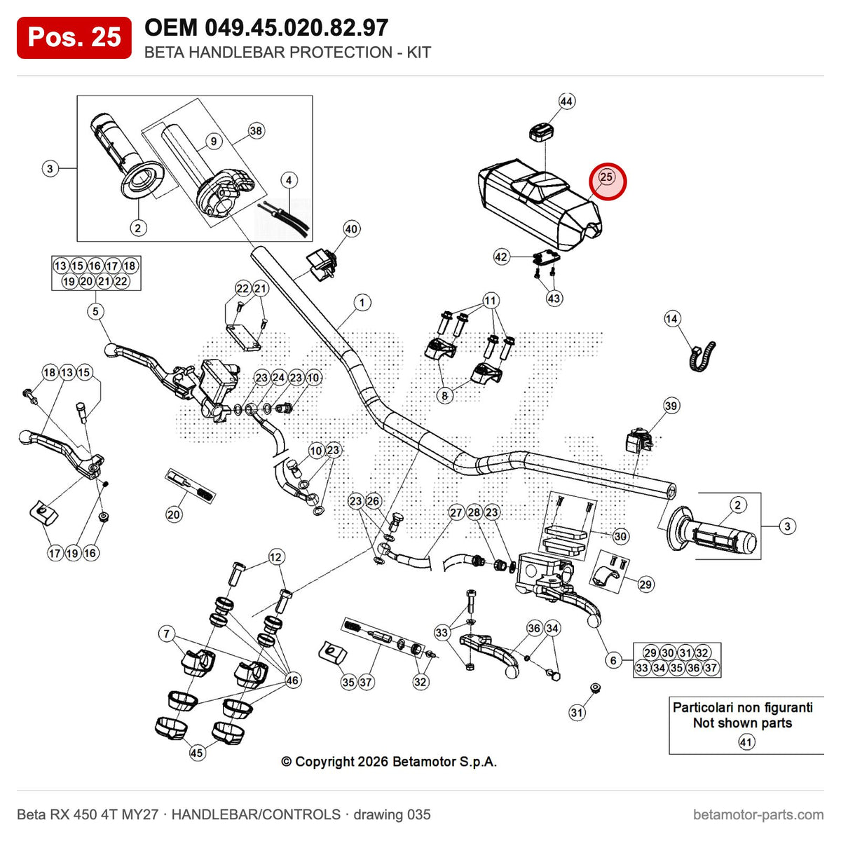 BETA HANDLEBAR PROTECTION -KIT – OEM 049.45.020.82.97, position 25 on the Beta RX 450 4T MY27 handlebar/controls drawing