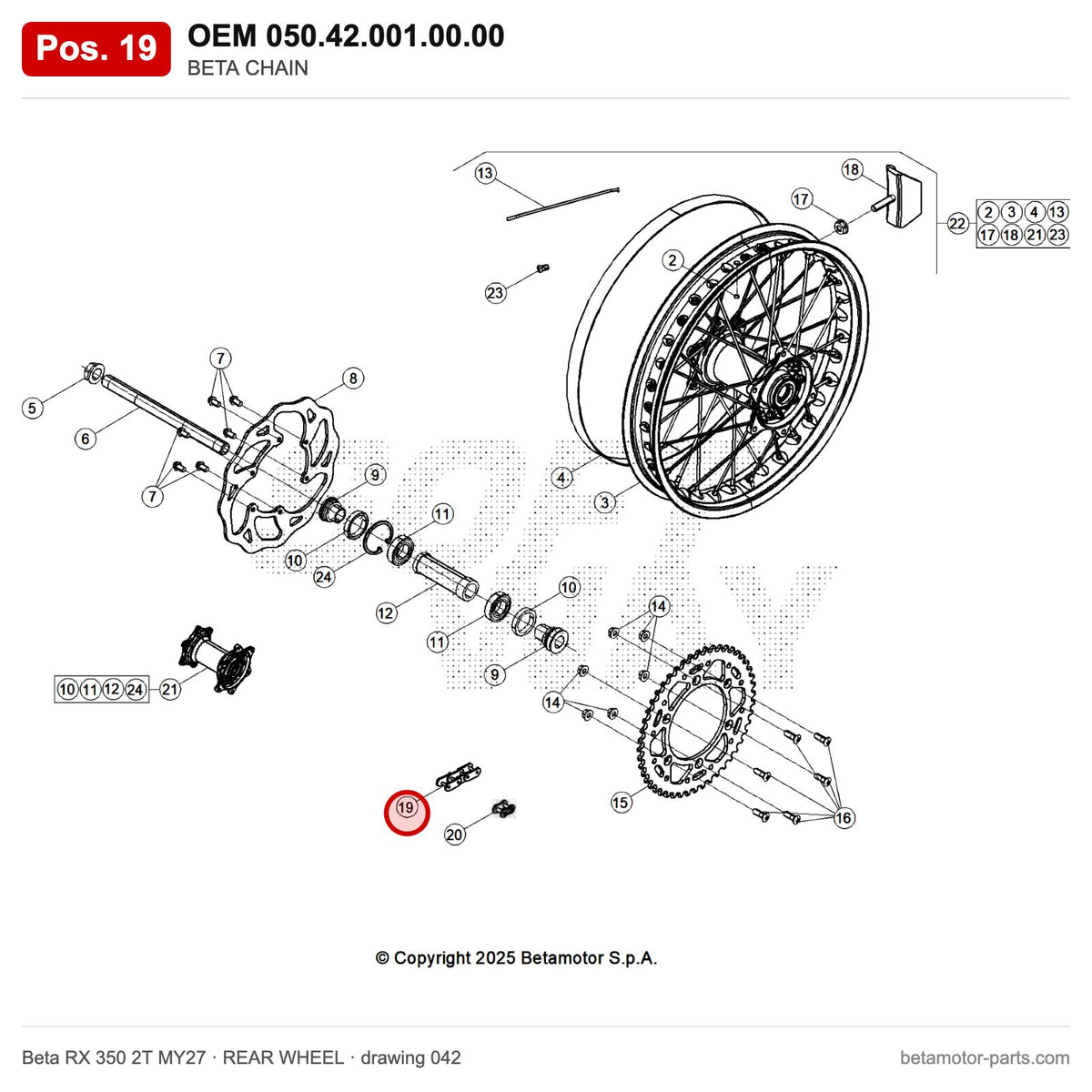BETA CHAIN – OEM 050.42.001.00.00, position 19 on the Beta RX 350 2T MY27 rear wheel drawing