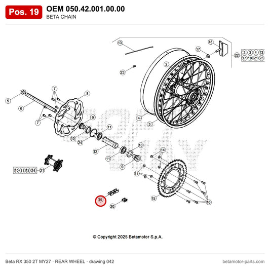 BETA CHAIN – OEM 050.42.001.00.00, position 19 on the Beta RX 350 2T MY27 rear wheel drawing