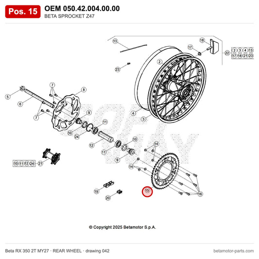 BETA SPROCKET Z47 – OEM 050.42.004.00.00, position 15 on the Beta RX 350 2T MY27 rear wheel drawing
