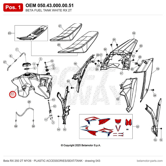 BETA FUEL TANK WHITE RX 2T – OEM 050.43.000.00.51, position 1 on the Beta RX 250 2T MY26 plastic accessories/seat/tank drawing