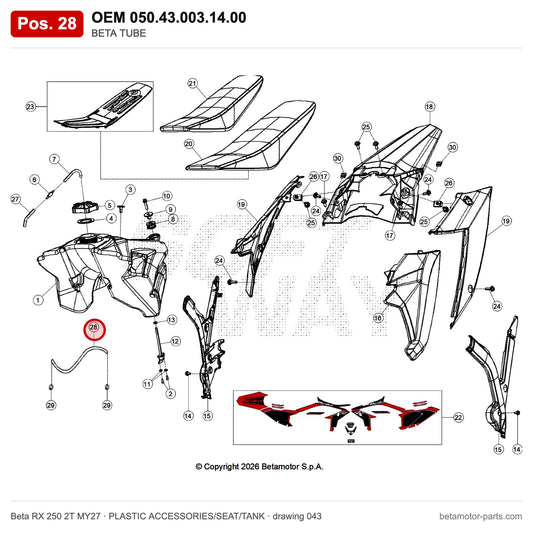 BETA TUBE_1 – OEM 050.43.003.14.00, position 28 on the Beta RX 250 2T MY27 plastic accessories/seat/tank drawing