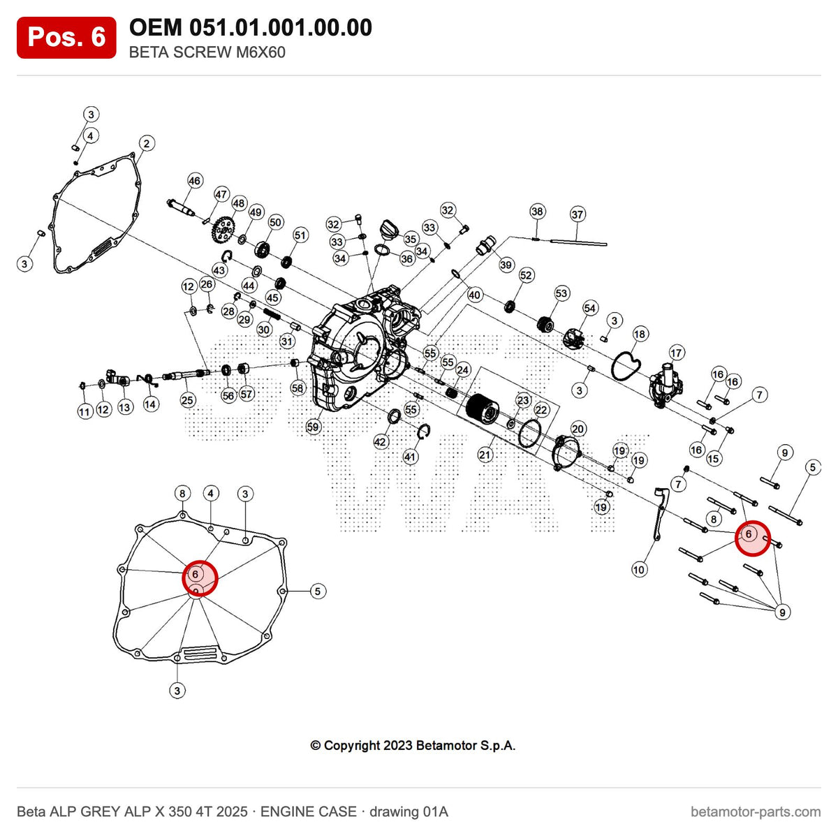 BETA SCREW M6X60 – OEM 051.01.001.00.00, position 6 on the Beta ALP GREY ALP X 350 4T 2025 engine case drawing