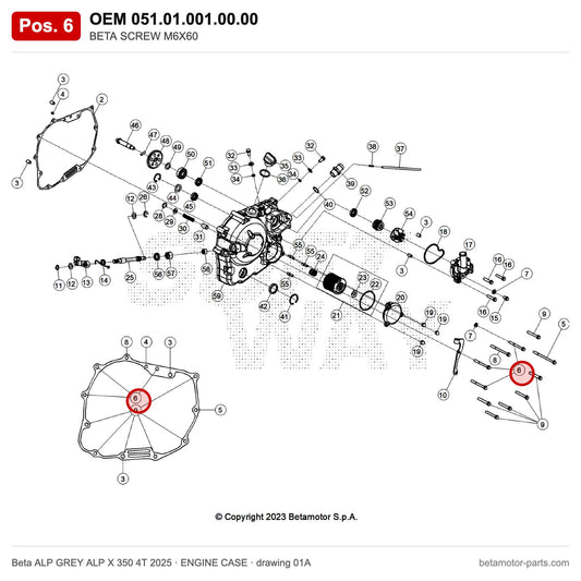 BETA SCREW M6X60 – OEM 051.01.001.00.00, position 6 on the Beta ALP GREY ALP X 350 4T 2025 engine case drawing
