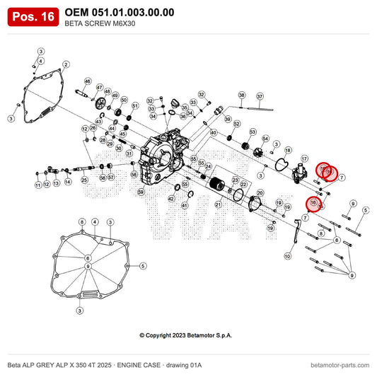 BETA SCREW M6X30 – OEM 051.01.003.00.00, position 16 on the Beta ALP GREY ALP X 350 4T 2025 engine case drawing