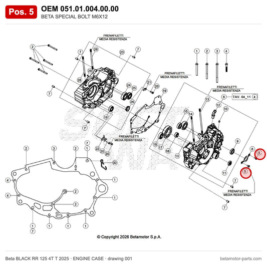 BETA SPECIAL BOLT M6X12 – OEM 051.01.004.00.00, position 5 on the Beta BLACK RR 125 4T T 2025 engine case drawing