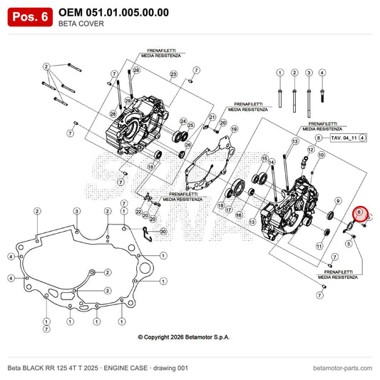 BETA COVER – OEM 051.01.005.00.00, position 6 on the Beta BLACK RR 125 4T T 2025 engine case drawing