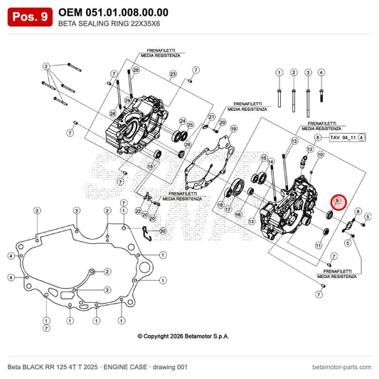 BETA SEALING RING 22X35X6 – OEM 051.01.008.00.00, position 9 on the Beta BLACK RR 125 4T T 2025 engine case drawing