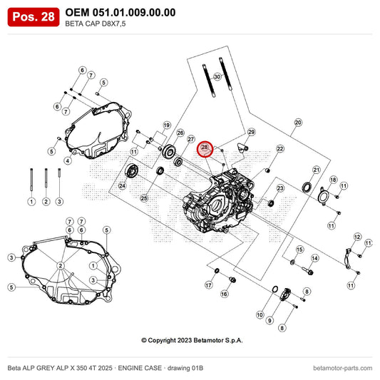 BETA CAP D8X7,5 – OEM 051.01.009.00.00, position 28 on the Beta ALP GREY ALP X 350 4T 2025 engine case drawing