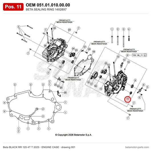 BETA SEALING RING 14X28X7 – OEM 051.01.010.00.00, position 11 on the Beta BLACK RR 125 4T T 2025 engine case drawing