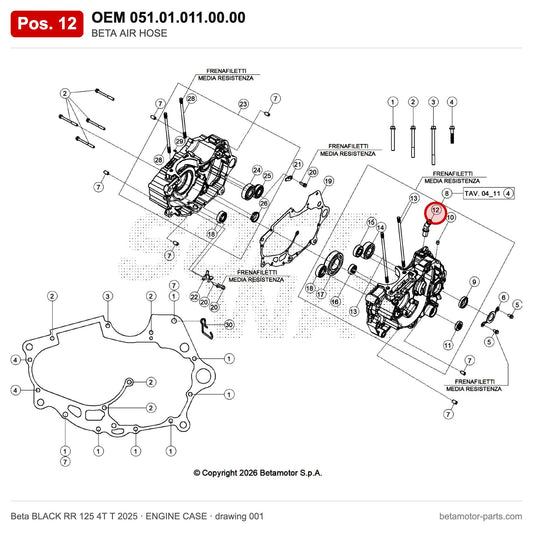 BETA AIR HOSE – OEM 051.01.011.00.00, position 12 on the Beta BLACK RR 125 4T T 2025 engine case drawing