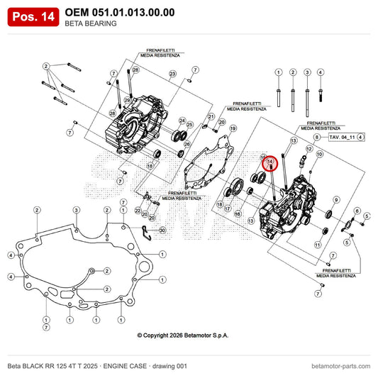 BETA BEARING – OEM 051.01.013.00.00, position 14 on the Beta BLACK RR 125 4T T 2025 engine case drawing