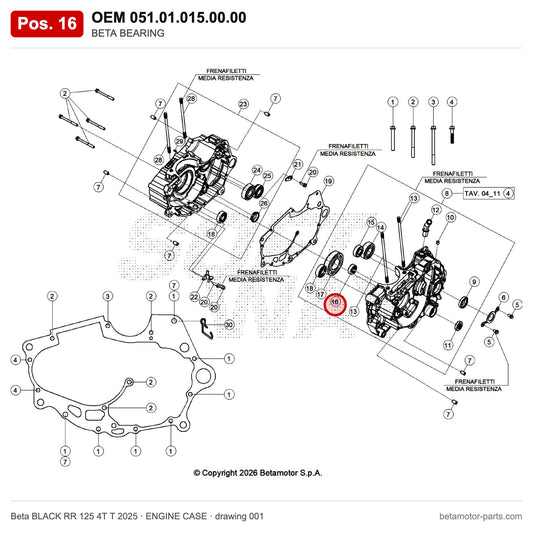 BETA BEARING – OEM 051.01.015.00.00, position 16 on the Beta BLACK RR 125 4T T 2025 engine case drawing