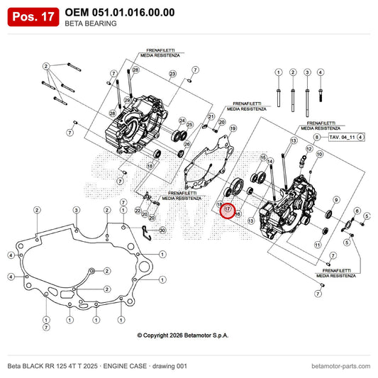 BETA BEARING – OEM 051.01.016.00.00, position 17 on the Beta BLACK RR 125 4T T 2025 engine case drawing