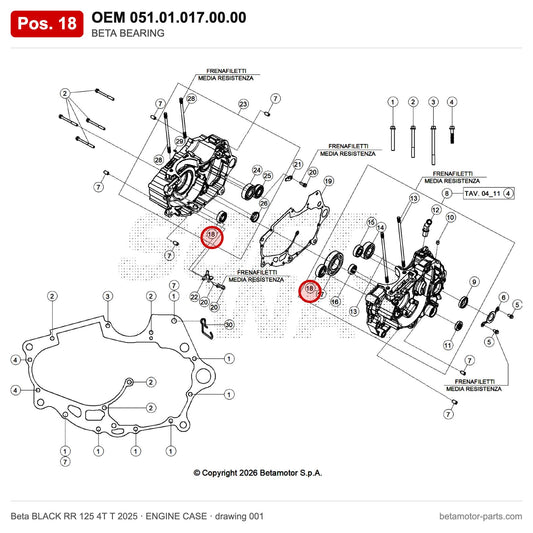 BETA BEARING – OEM 051.01.017.00.00, position 18 on the Beta BLACK RR 125 4T T 2025 engine case drawing