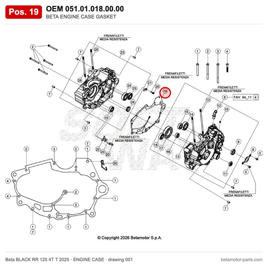 BETA ENGINE CASE GASKET – OEM 051.01.018.00.00, position 19 on the Beta BLACK RR 125 4T T 2025 engine case drawing