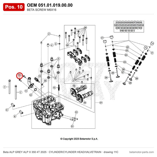 BETA SCREW M6X16 – OEM 051.01.019.00.00, position 10 on the Beta ALP GREY ALP X 350 4T 2025 cylinder/cylinder head/valvetrain drawing